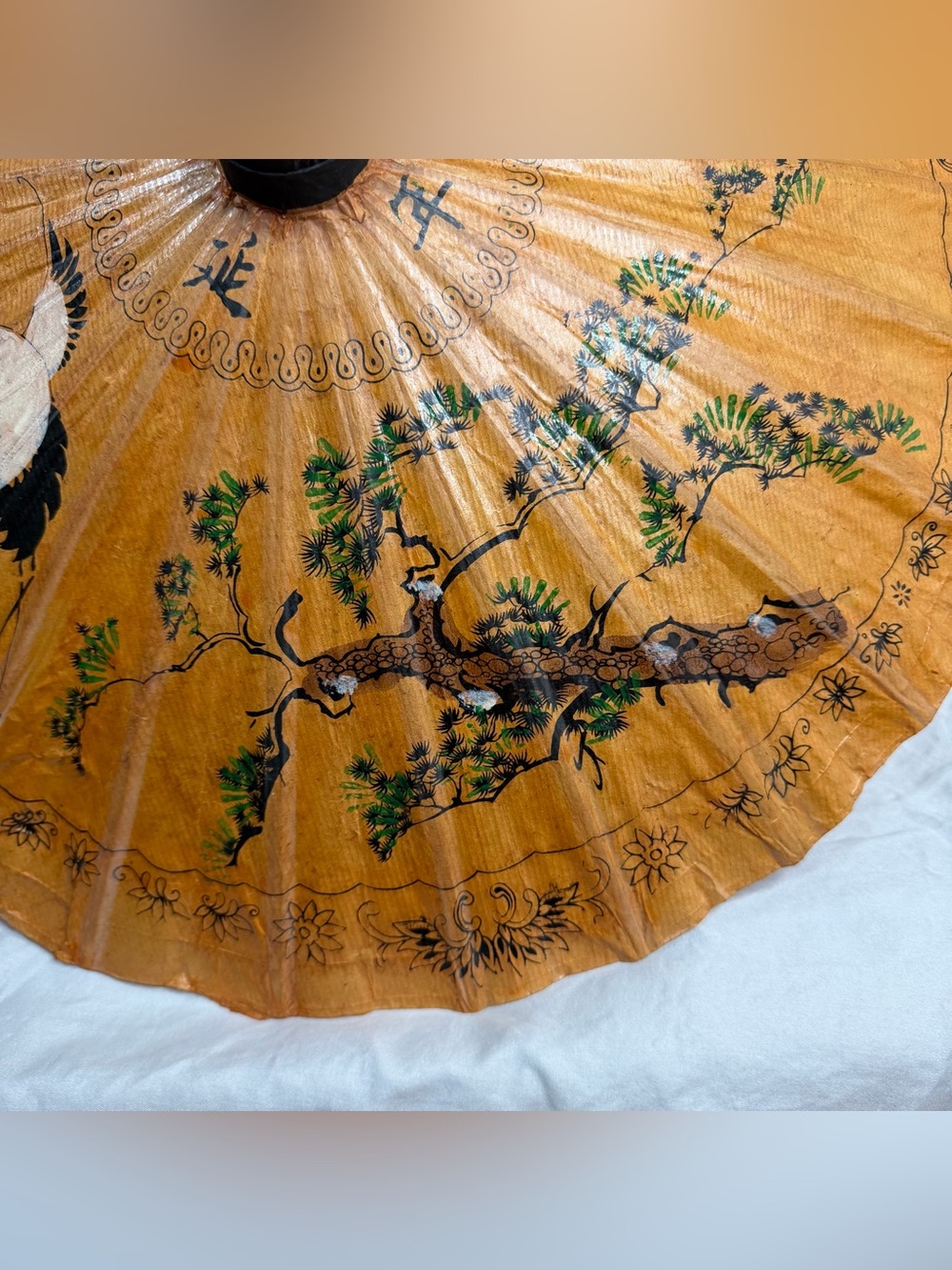 Vintage Hand Painted Rice Paper and Bamboo Asian Parasol Cranes and Trees 21” - Picture 2 of 11